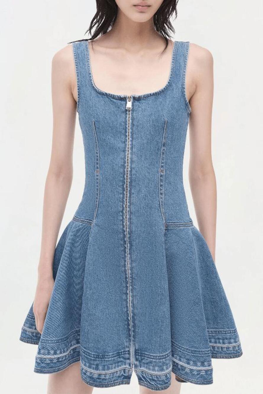 SIMKHAI Eleodra Denim Mini Dress in Zanpa 8 NWT Quiet Luxury Minimalist Coastal